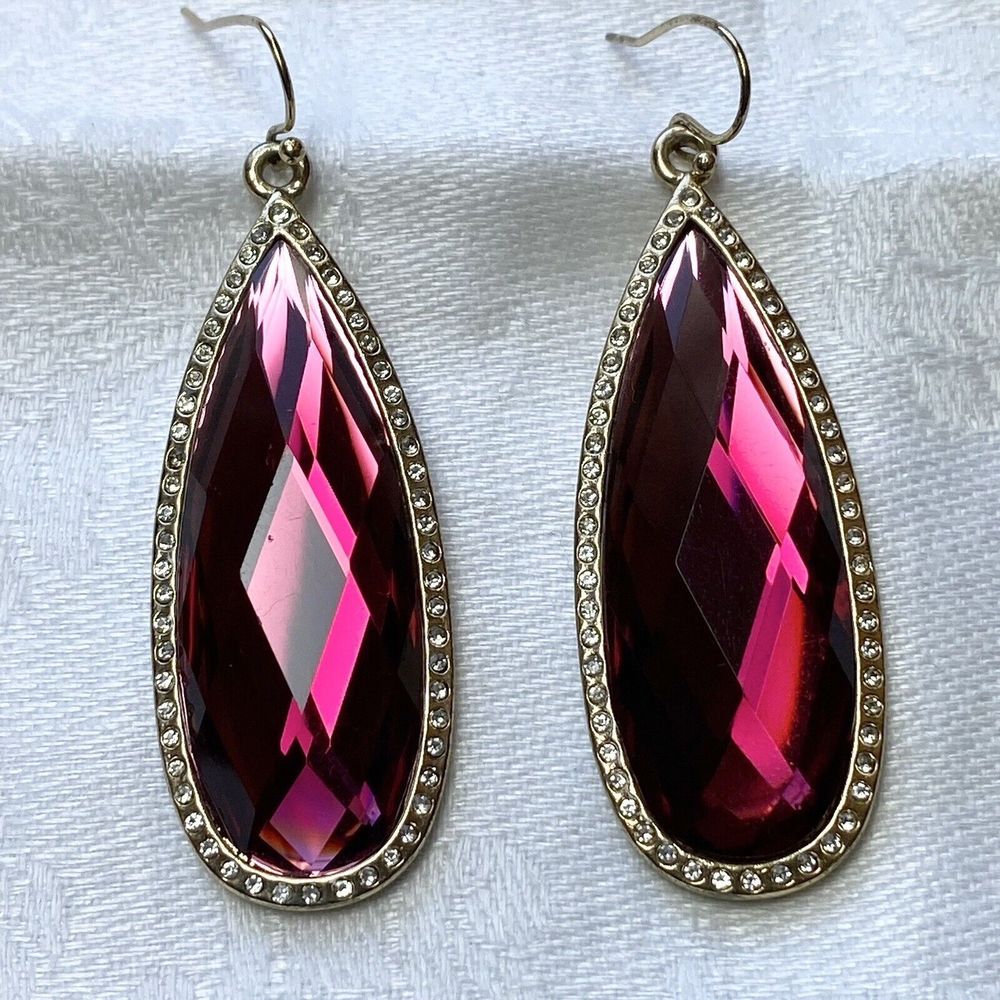 Big Red Pink Earrings Fuchsia Teardrop Clear Rhinestones Gold Tone Dangling Wire